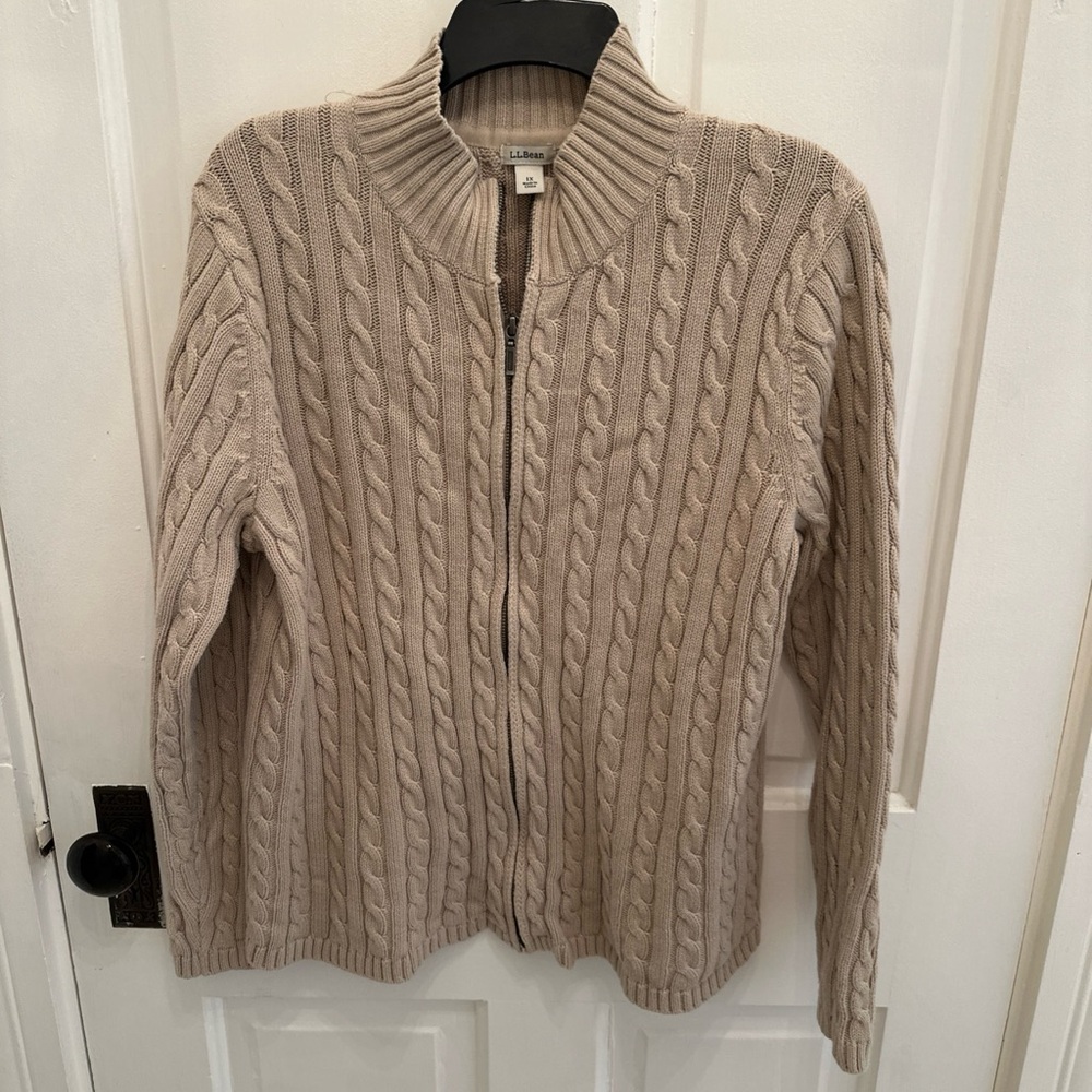 LLBean Fisherman Beige Full Zip 100% Cotton Knit Sweater Cardigan Womens Xl